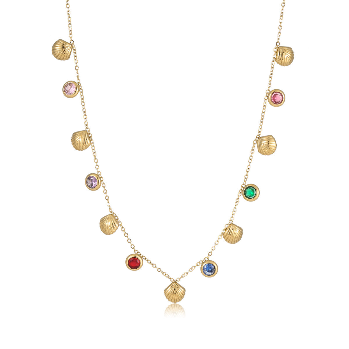 Collana da Donna Minimalista con Ciondolo a Conchiglia, Inlay in Zirconi Colorati e Catena a Serpente in Acciaio Inossidabile