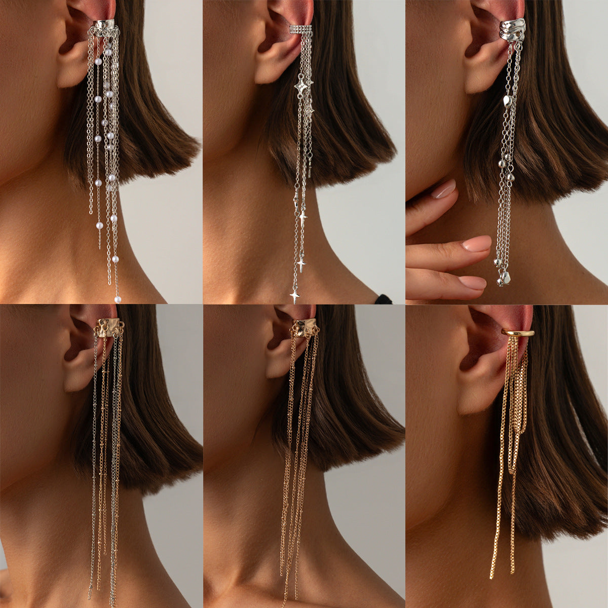 Elegant Punk Rhinestone Star Plated Alloy Cable Chain Tassel Earrings for Women