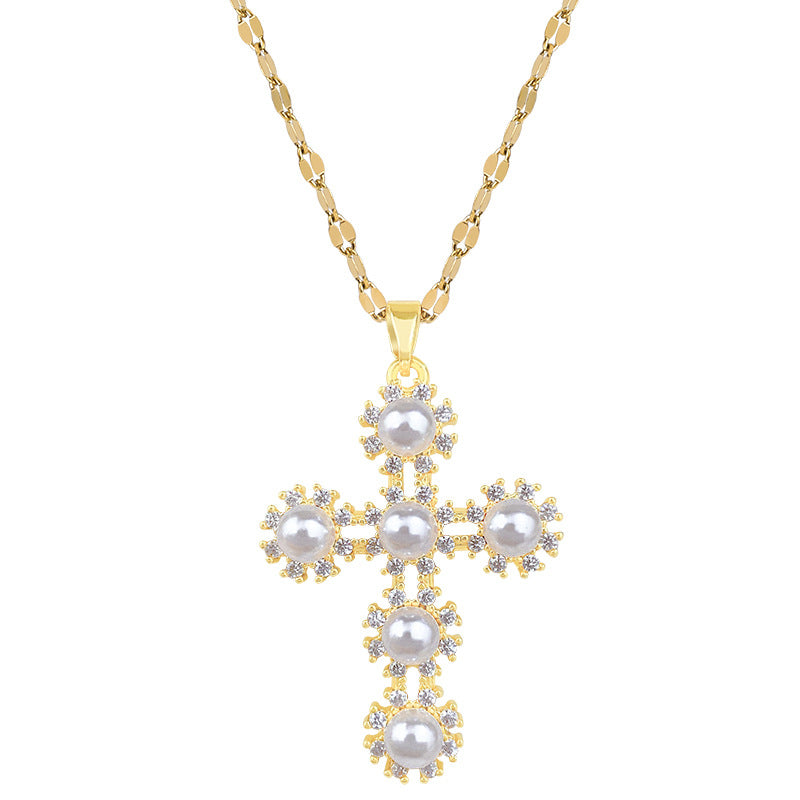 Sweet Pearl Rhinestone Cross Titanium Steel Necklace for Unisex