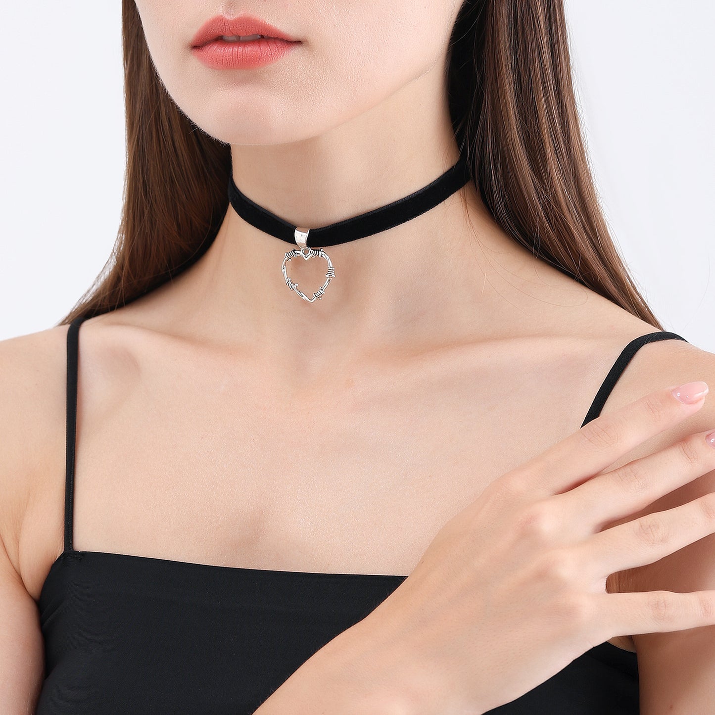 Edgy Black Satin Ribbon Choker Necklace with Hollow Heart Pendant for Women Alloy Plated Locket Chain