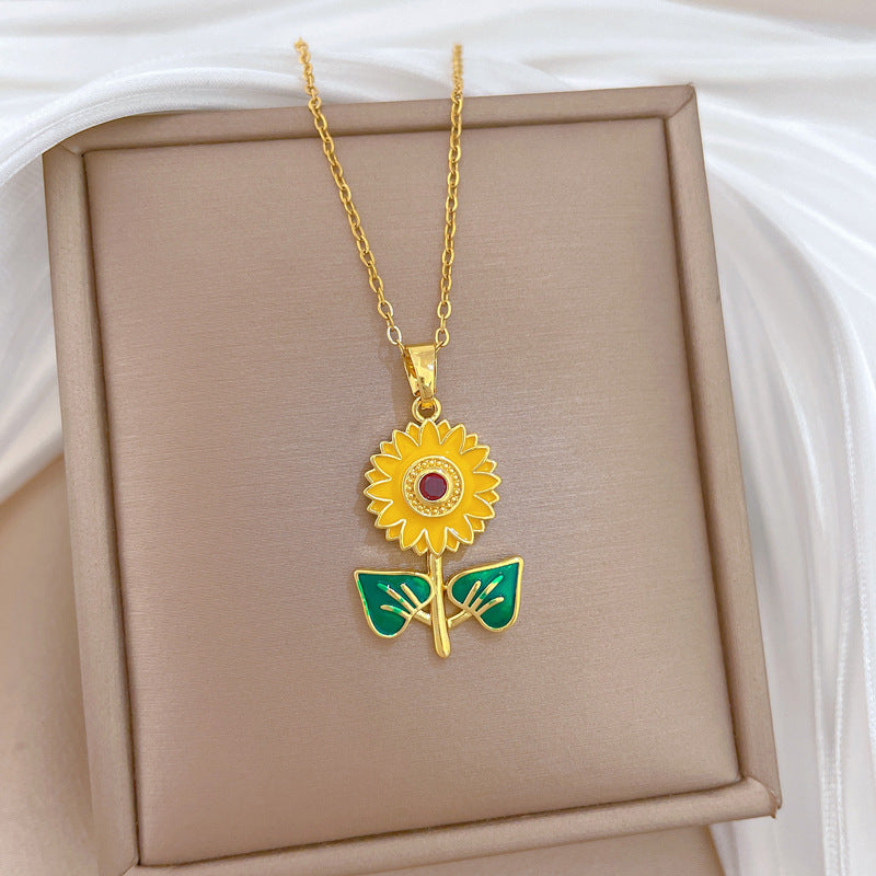 Sweet Elegant Drip Oil Rhinestone Sunflower Plant Titanium Steel Necklace for Unisex