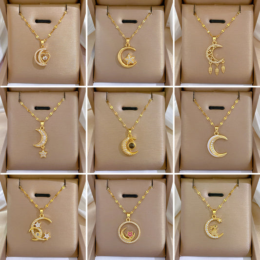 Collar de acero de titanio con diamantes de imitación de luna, minimalista y de lujo para mujer, dulce colgante geométrico