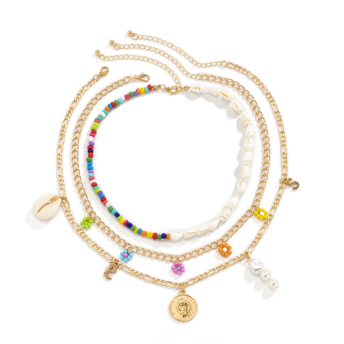 Asymmetrical Ocean-Inspired Shell and Daisy Pendant Necklace with Tassel Accents for Women, Alloy Base with Plating Finish, Geometric Design on Beaded Chain