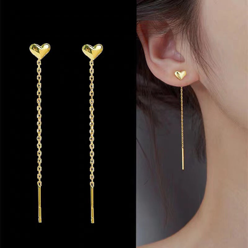 Sweet Gold Filled Titanium Steel Heart Teardrop Tassel Drop Earrings