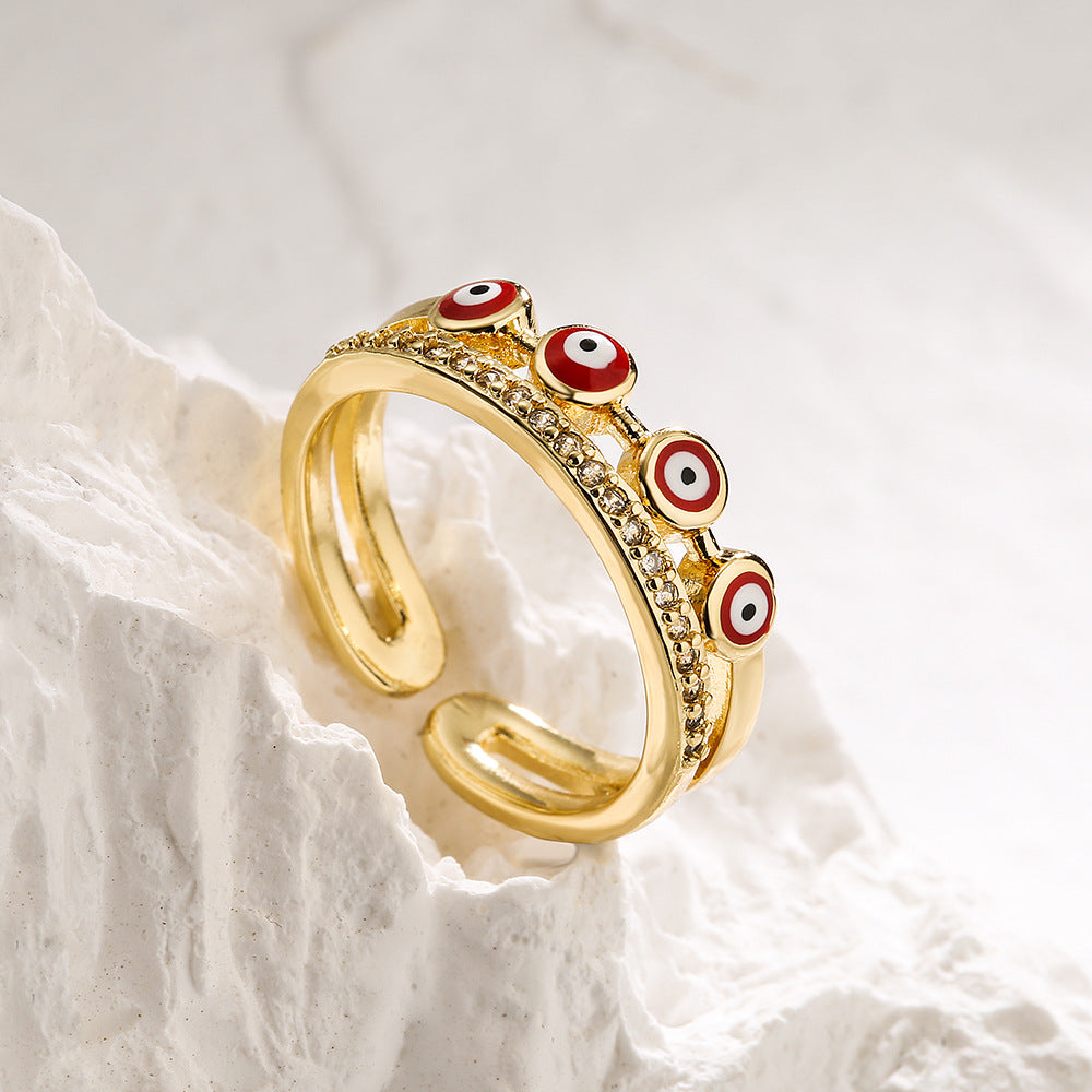 Geometric Open Eye Ring for Women with Copper Base Plated in 18K Gold and Enamel Finish Featuring Evil Eye Design