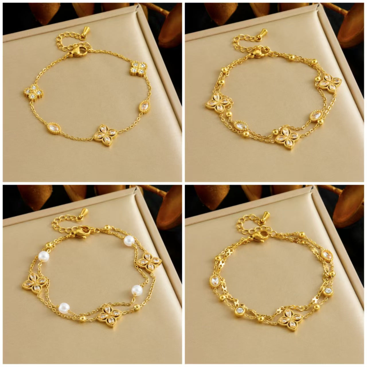 Luxury Elegant Geometric Floral Rhinestone Inlay Stainless Steel Double Layer Bracelet with Pearl