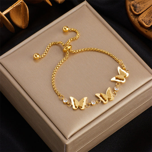 Minimalist Butterfly-Shaped Titanium Steel Pull-Chain Bracelet with Gold Plating for Women