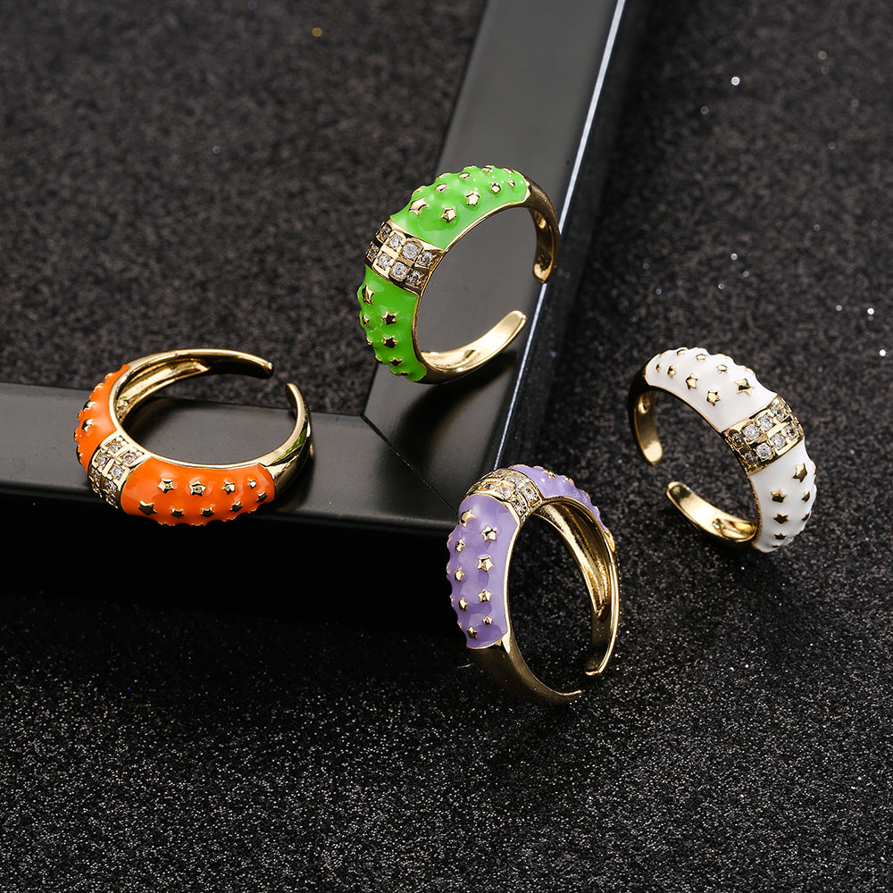 Anello Aperto Geometrico Stile Bohemien in Rame con Placcatura in Oro 18K e Zirconia Smaltata Colorata