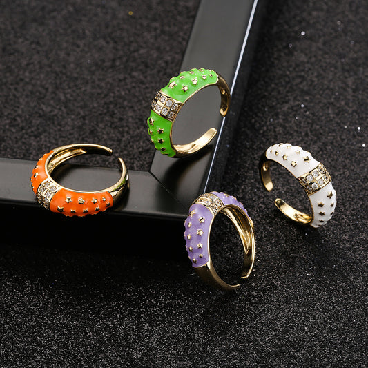 Anello Aperto Geometrico Stile Bohemien in Rame con Placcatura in Oro 18K e Zirconia Smaltata Colorata