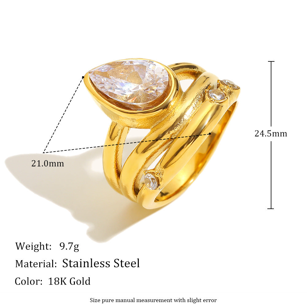 Fashionable Geometric Stainless Steel Plated 18K Gold Multi-Layer Teardrop Zircon Ring for Women