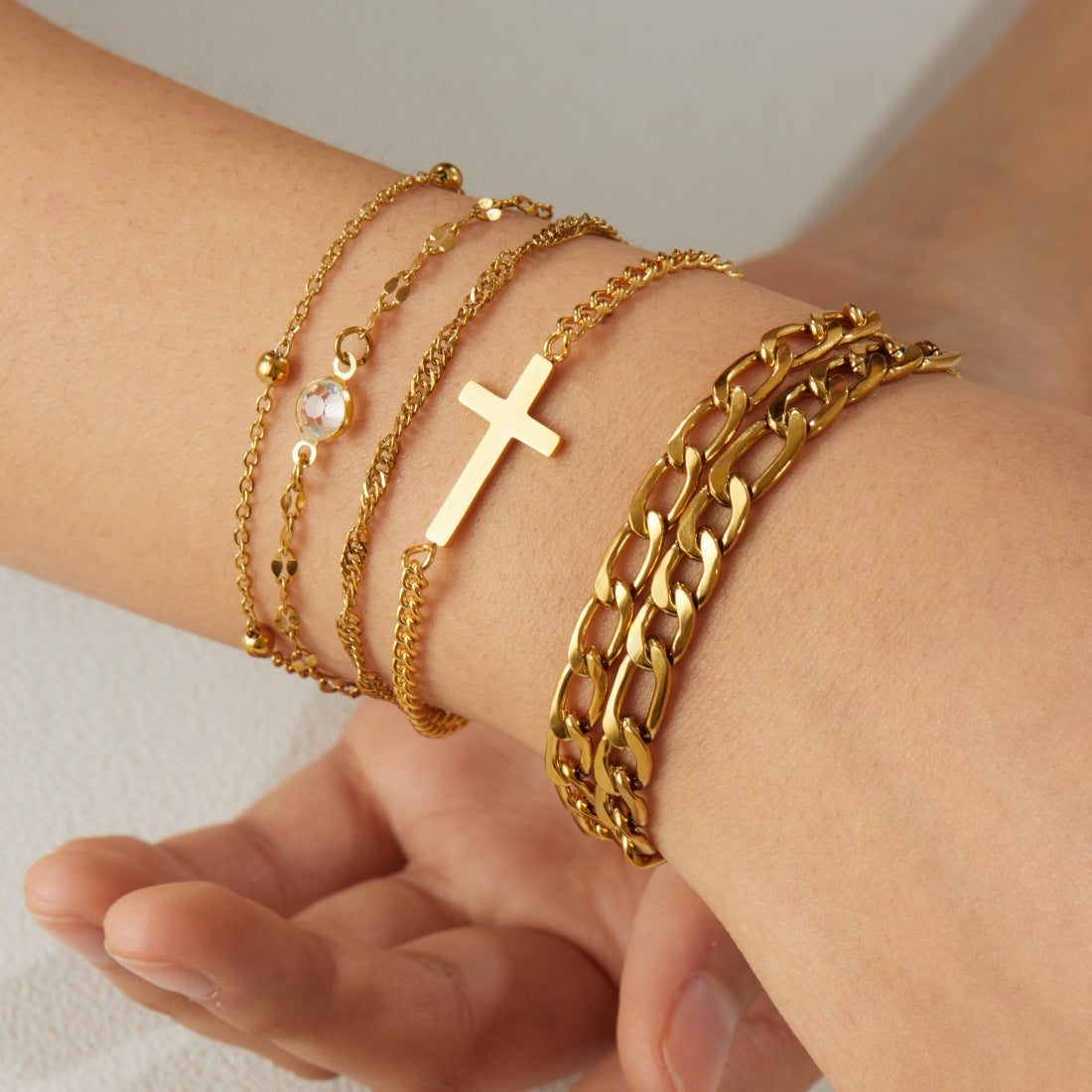 Punk Hip-hop Gold Plated Cross Stainless Steel Cuban Link Chain Bracelet Unisex
