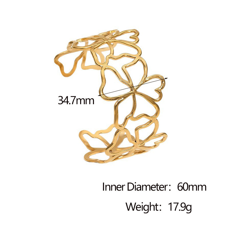 Bracciale a Polsino Aperto Minimalista in Acciaio Inossidabile Placcato Oro 18K con Design Floreale Intagliato