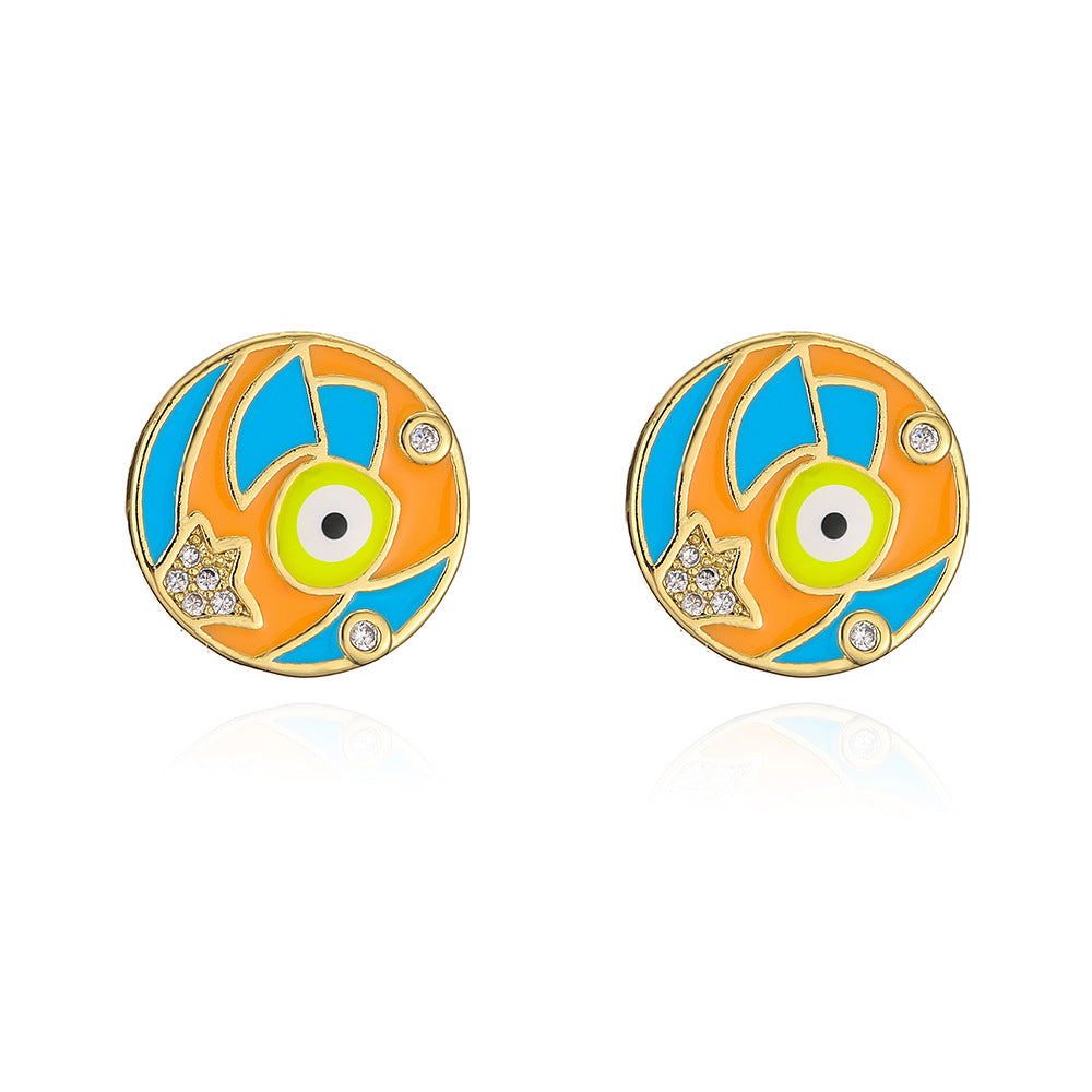 Minimalist Round Geometric Copper Earrings with Gold Plating and Enamel Finish for Women