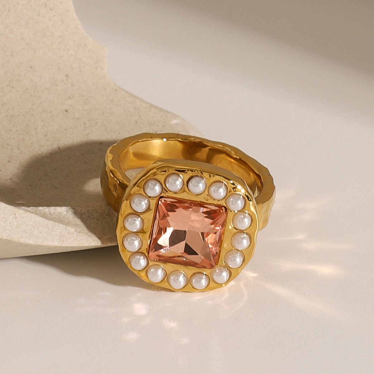 Geometric Pearl Ring in Titanium Steel with 18K Gold Plating for Women, Elegant Minimalist Jewelry