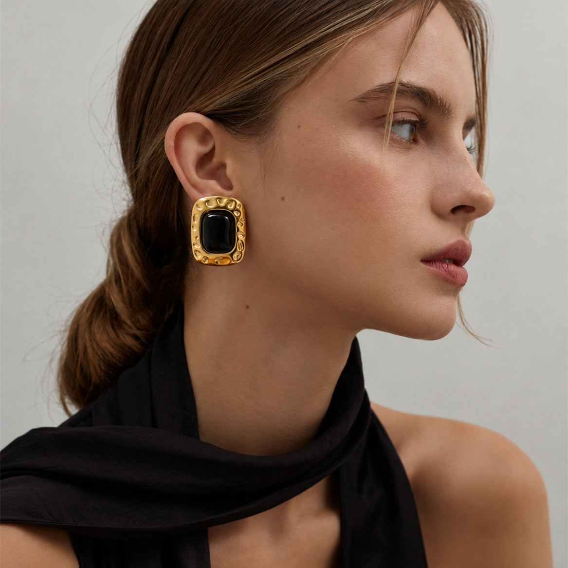 Vintage 18K Gold Plated Square Geometric Gemstone Stainless Steel Earrings