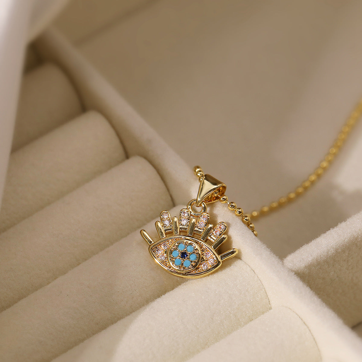 Minimalist Evil Eye Pendant Necklace and Earrings Set in Copper with 18K Gold Plating and Zircon Inlay