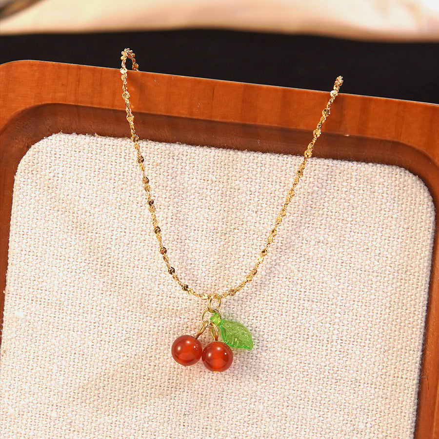 Minimalist Elegant Cherry Fruit Pattern Stainless Steel Plated Necklace and Earring Set for Women