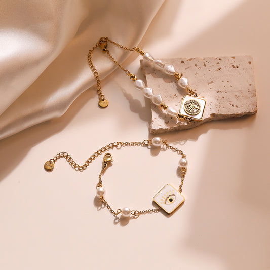 Pulsera minimalista geométrica de acero de titanio con chapado en oro, incrustaciones de circonita y colgante de ojo turco