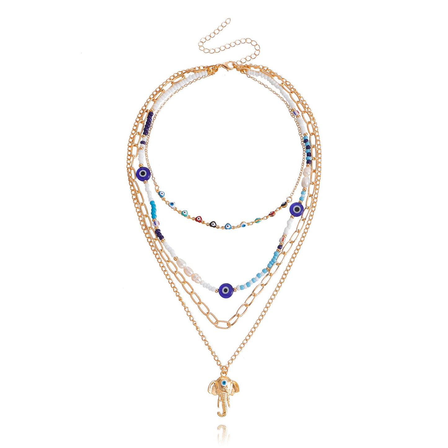 Bohemian Multi-Layer Heart-Shaped Evil Eye Beaded Necklace for Women with Alloy Pendant and Plated Finish
