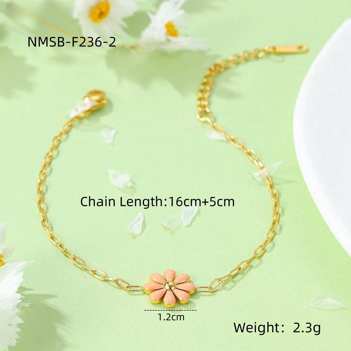 Sweet Minimalist 18K Gold Plated Titanium Steel Daisy Pearl Enamel Bracelet for Women