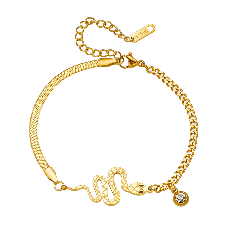 Fashionable Minimalist Titanium Steel Necklace and Bracelet Set with Gold Plated Snake Pendant for Women
