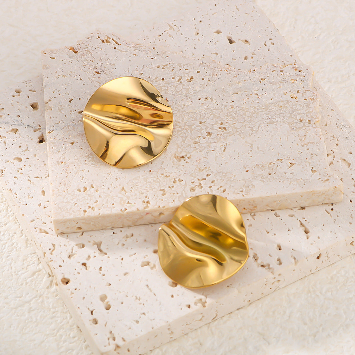 Irregular Ruffled Leaf-Shaped Stainless Steel Earrings with 18K Gold Plating for Women
