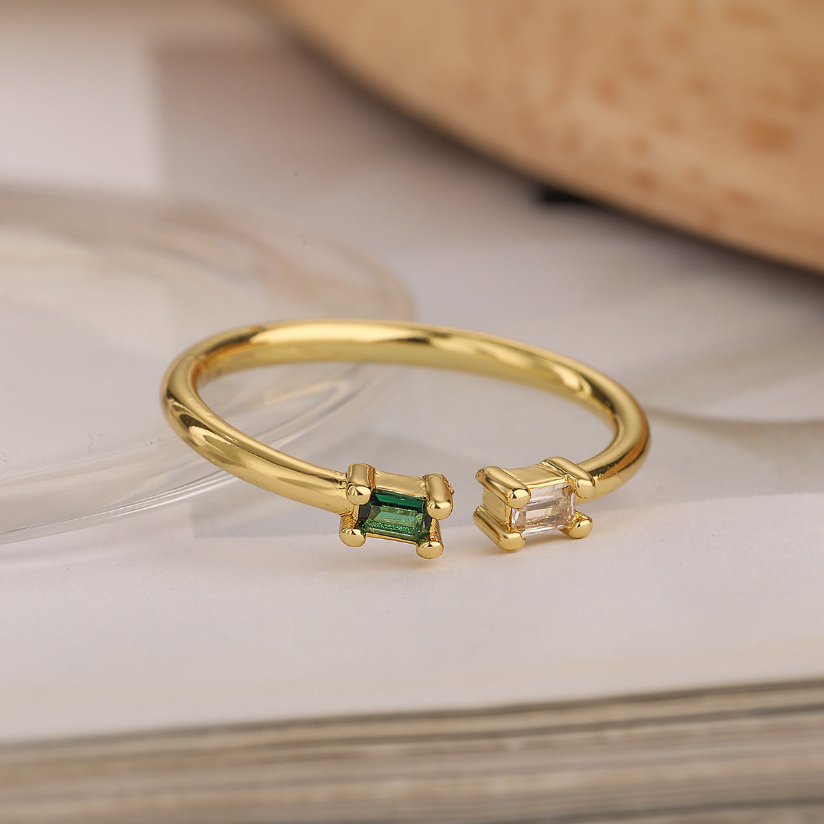Minimalist Geometric Copper Ring with Real Gold Plating and Zircon Inlay for Women
