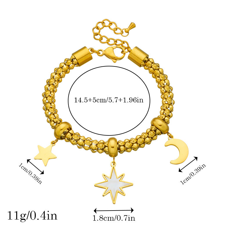 Bracciale alla moda vintage in acciaio inossidabile placcato oro con ciondolo a forma di fiore, luna, stella e turchese per donna