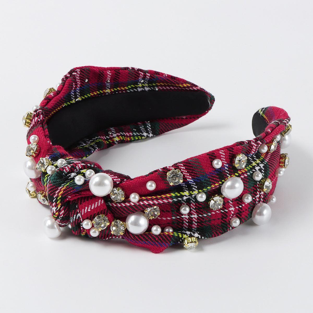 Diadema de tela con perlas y cuadros geométricos de estilo vintage chic para mujer, con incrustaciones de diamantes de imitación y banda ancha anudada