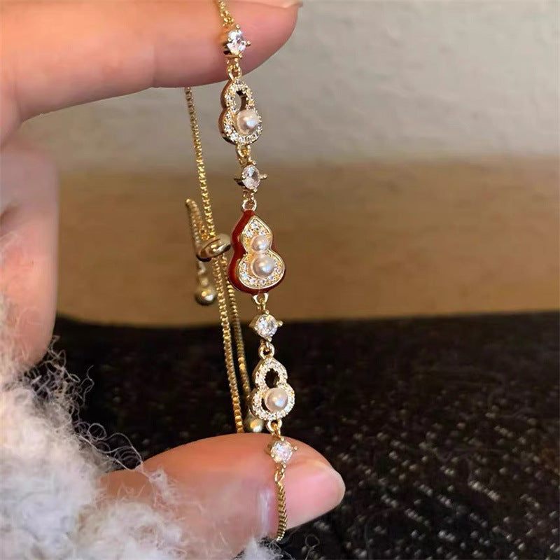 Luxury 18K Gold Plated Cubic Zirconia Pearl Gourd Bracelet for Women