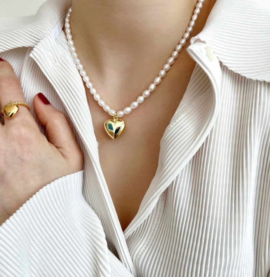 Minimalist Heart-Shaped 925 Sterling Silver Necklace with Pearl Accent and Gold Plating