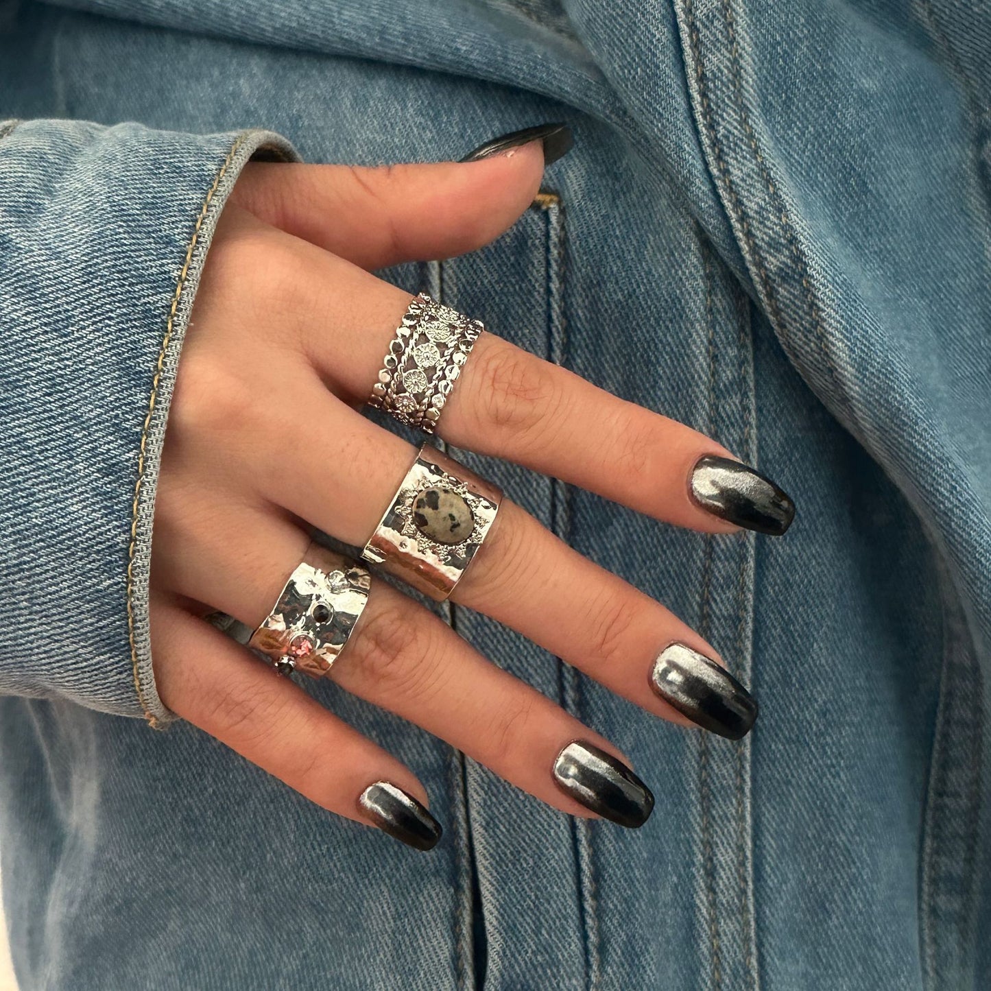 Set di Anelli da Nocche Irregolari da Donna con Intarsio di Pietre Preziose Placcate in Lega Geometrica Stile Hip-Hop