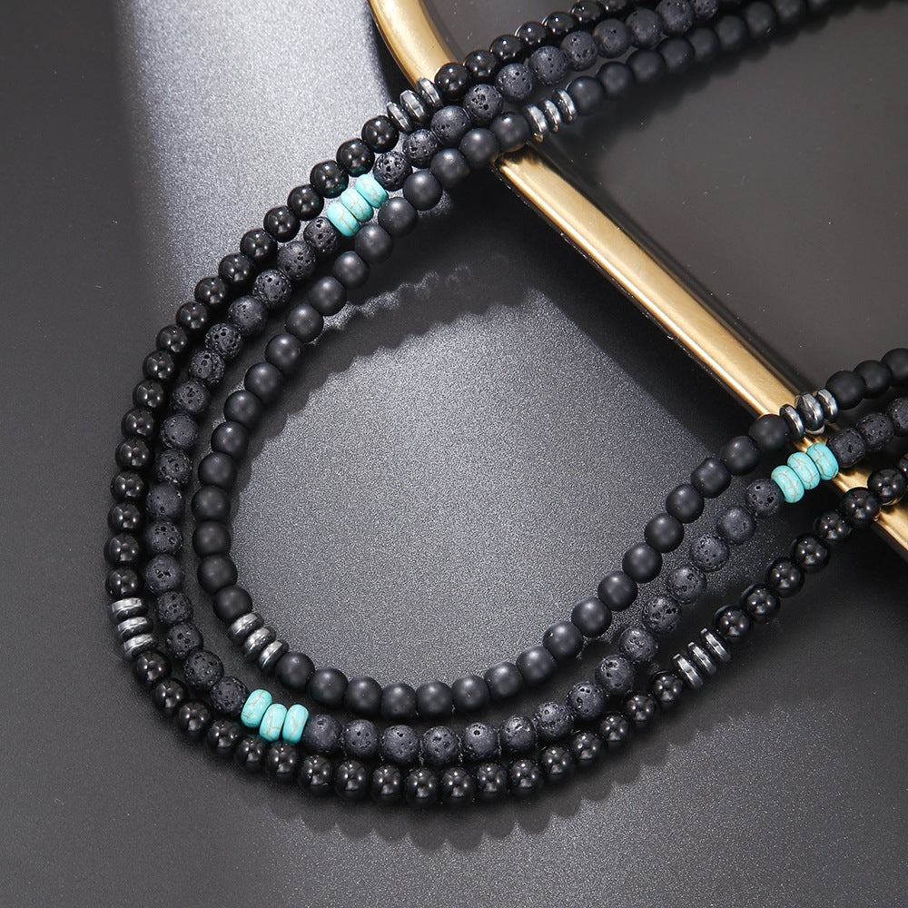 Bohemian Matte Geometric Round Stainless Steel and Acrylic Beaded Necklace with Alloy Pendant