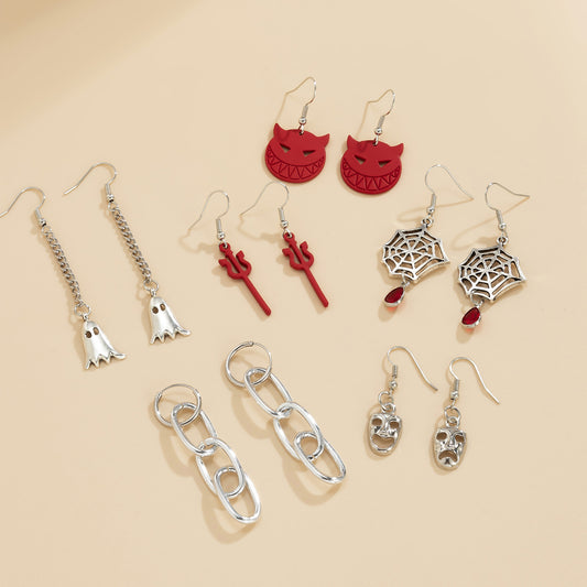 Set de pendientes de Halloween con fantasmas demoníacos, dulces y atrevidos, con diseño de telaraña y calavera vintage en aleación con acabado chapado para mujer
