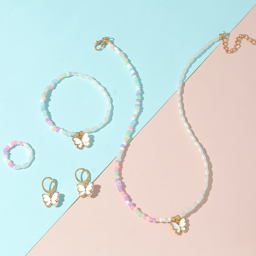 Cute Minimalist Children's Jewelry Set with Enamel Butterfly Pendant on Beaded Chain, 5-Piece Matching Earrings Necklace Bracelet Set