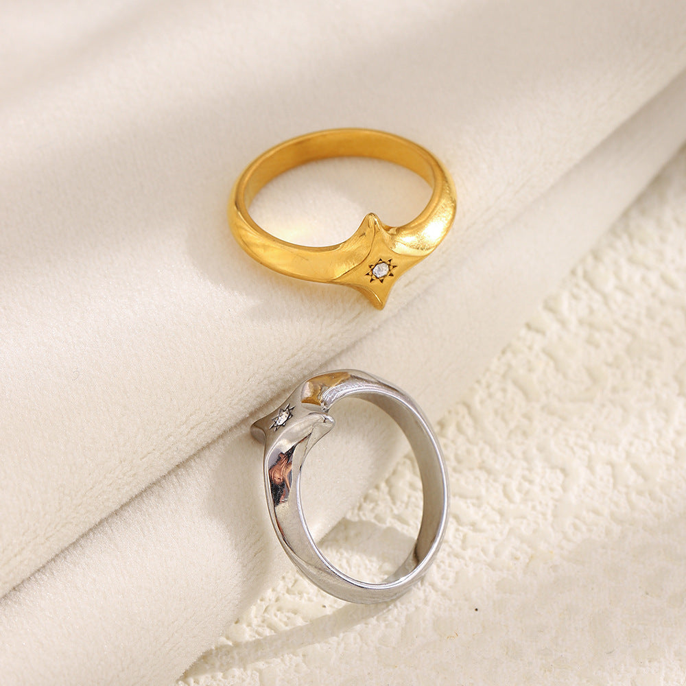 Minimalist Geometric Stainless Steel Ring with 18K Gold Plating and Rhinestone Accents for Women