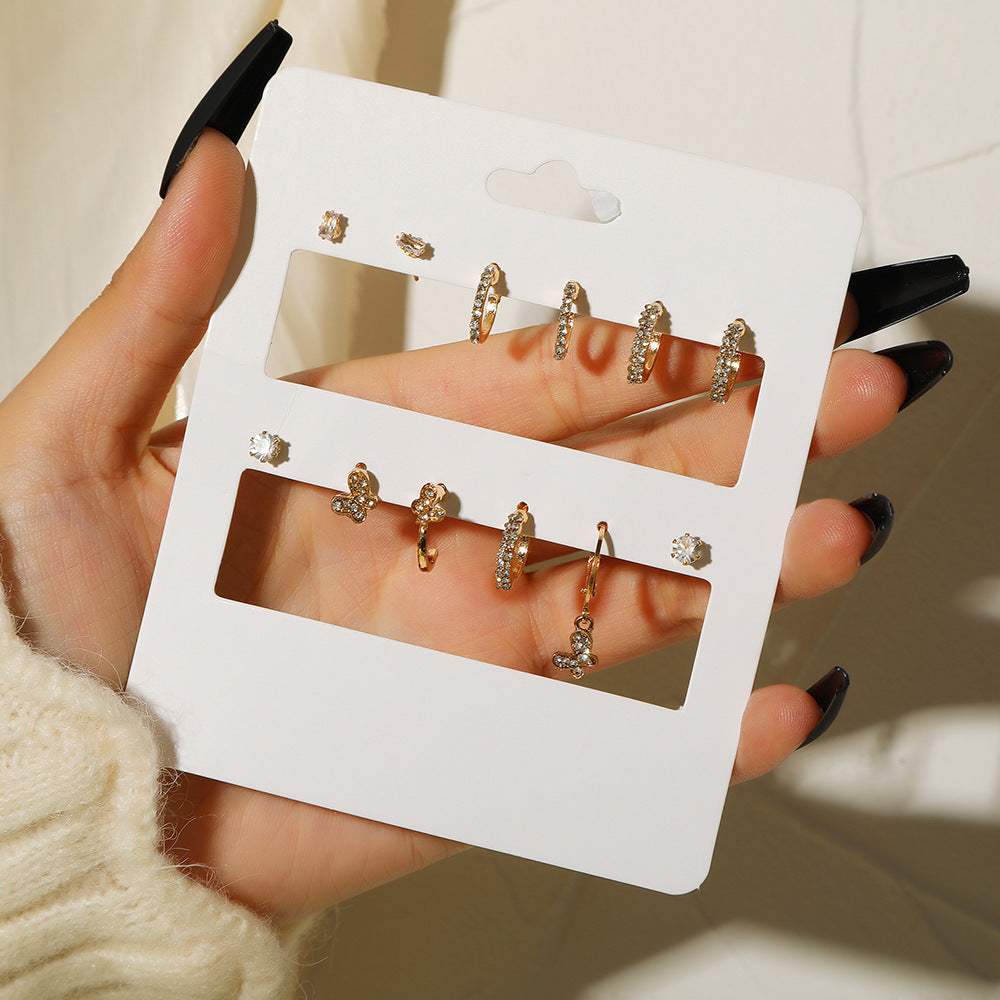 Vintage Geometric Heart Square Alloy Earring Set with Pearl and Rhinestone Tassel C-Hoop