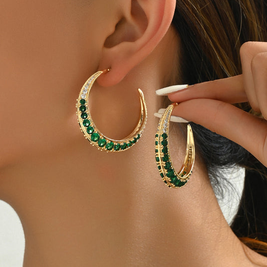 Aretes geométricos en forma de U, dulces y atrevidos, para mujer, con pedrería esmeralda en base de cobre y postes de acero inoxidable