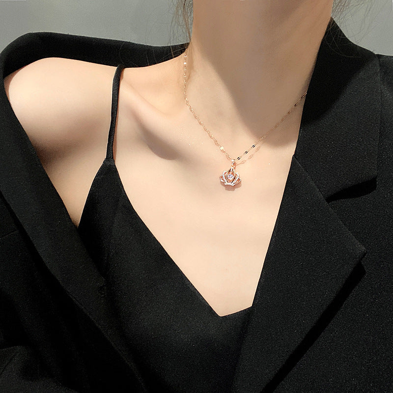Elegant Crown-Shaped Pulsating Heart Pendant Necklace for Women in Titanium Steel with Plated Finish, Minimalist Locket Chain Design