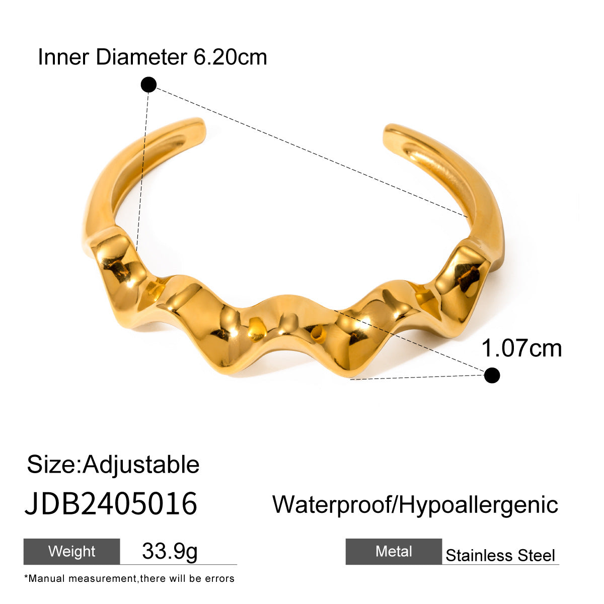 18K Gold Plated Hammered Geometric Irregular Wave Open Cuff Stainless Steel Bracelet