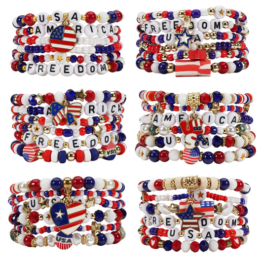 Braccialetto Patriotic Rosso Bianco Blu a Stella Geometrica con Perline in Vetro Unisex