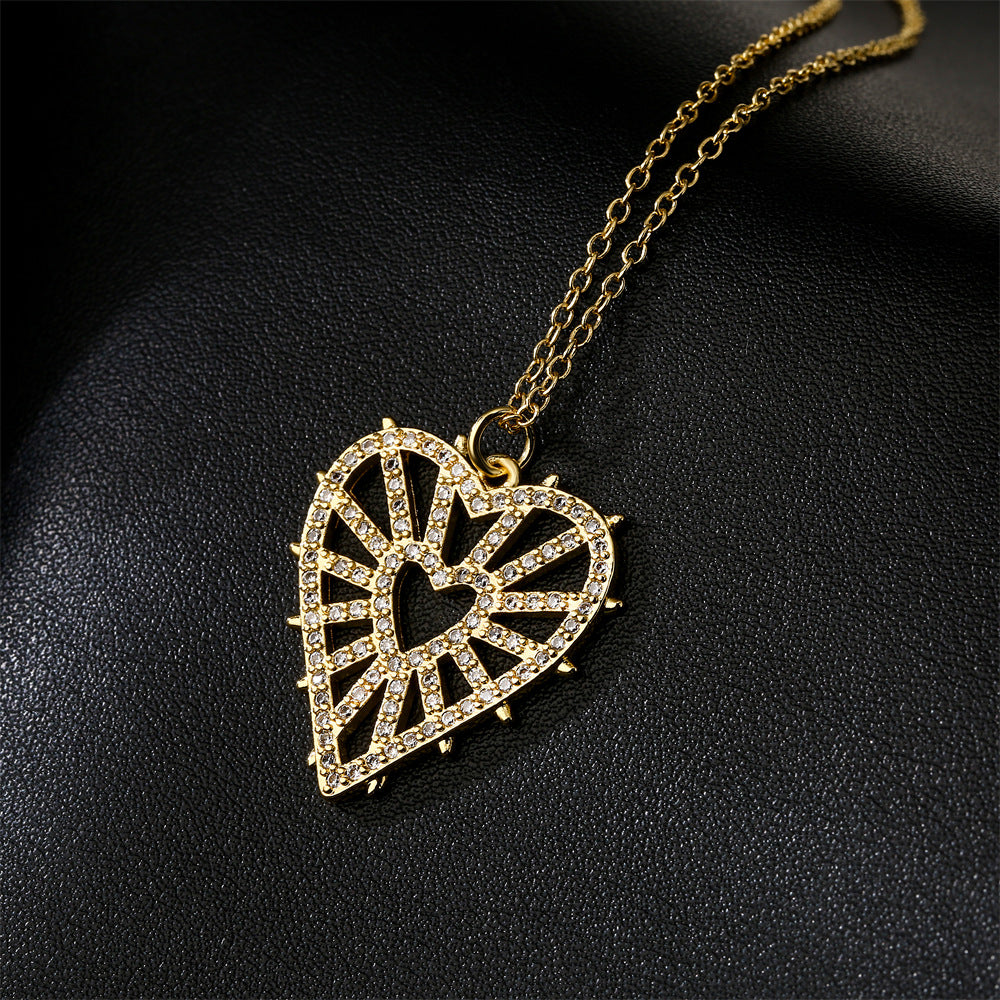 Minimalist Hollow Heart Pendant Necklace in Copper with 18K Gold Plating and Enamel Finish, Accented with Zircon Eyes