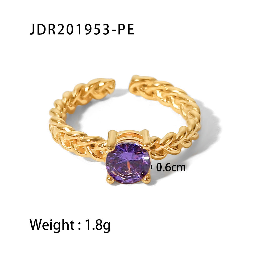 Fashionable 18K Gold Plated Stainless Steel Round Zircon Wheat Braided Adjustable Ring for Women