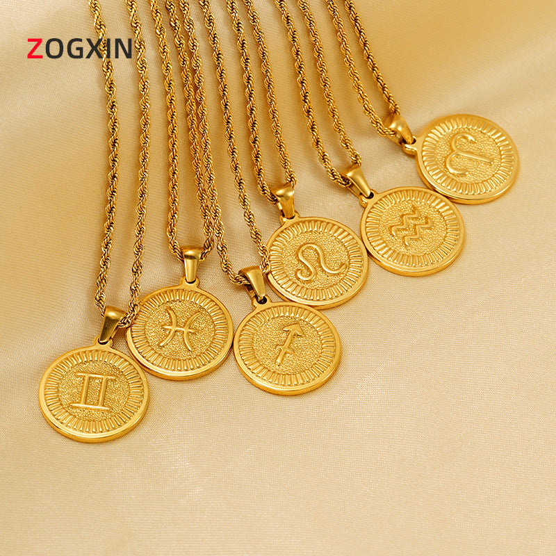 Vintage 18K Gold Plated Round Zodiac Pendant Titanium Steel Rope Chain Necklace Unisex