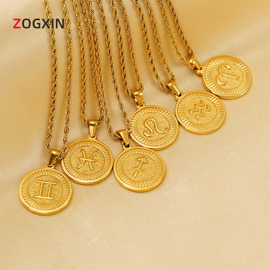 Vintage 18K Gold Plated Round Zodiac Pendant Titanium Steel Rope Chain Necklace Unisex
