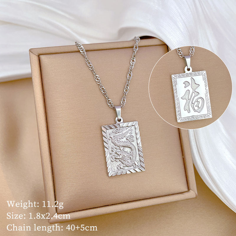 Minimalist Titanium Steel Geometric Feng Shui Lucky Dragon Pendant Necklace for Women and Men with Gold Plated Finish and Clavicle Chain Design