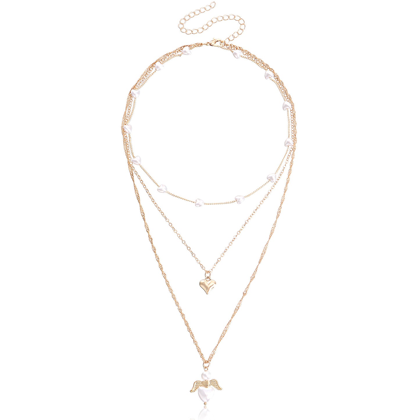 Minimalist Multi-Layer Heart-Shaped Pearl and Angel Wing Necklace for Women in Alloy with Plated Finish