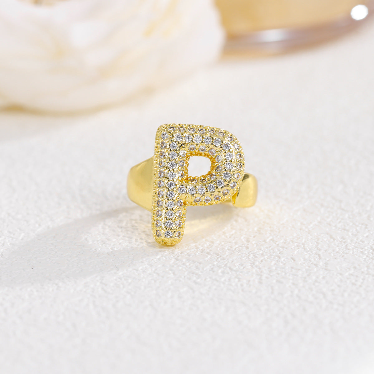 Sweet Plated Brass Letter Ring with Cubic Zirconia Adjustable Open Ring for Women and Men