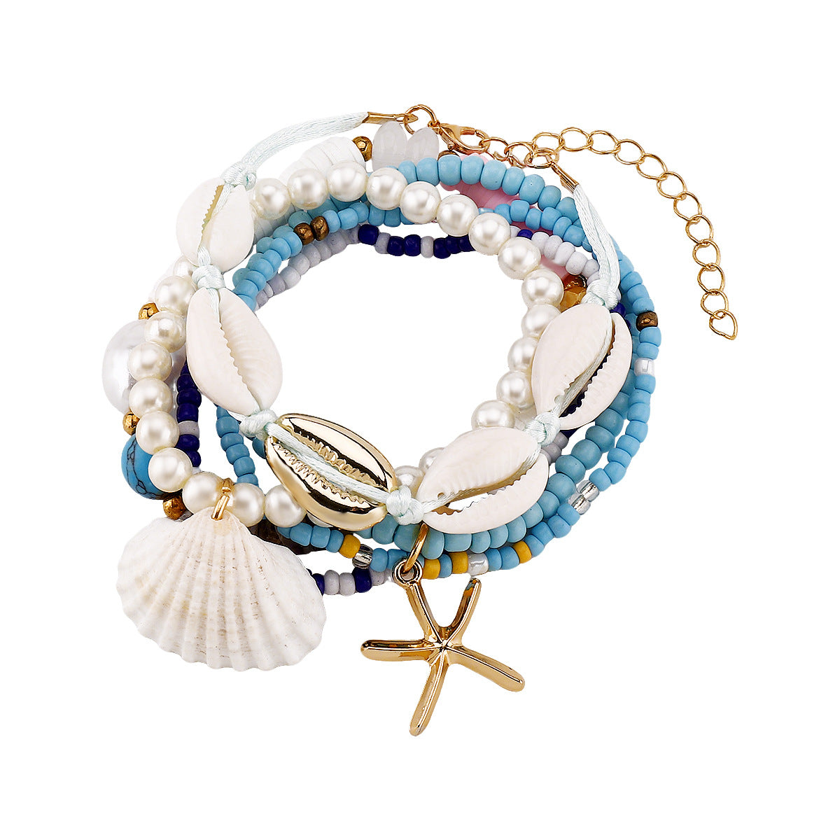 Set di braccialetti bohémien fatti a mano con perline e ciondoli a conchiglia e stella marina, base in lega con perle simulate e perline in vetro