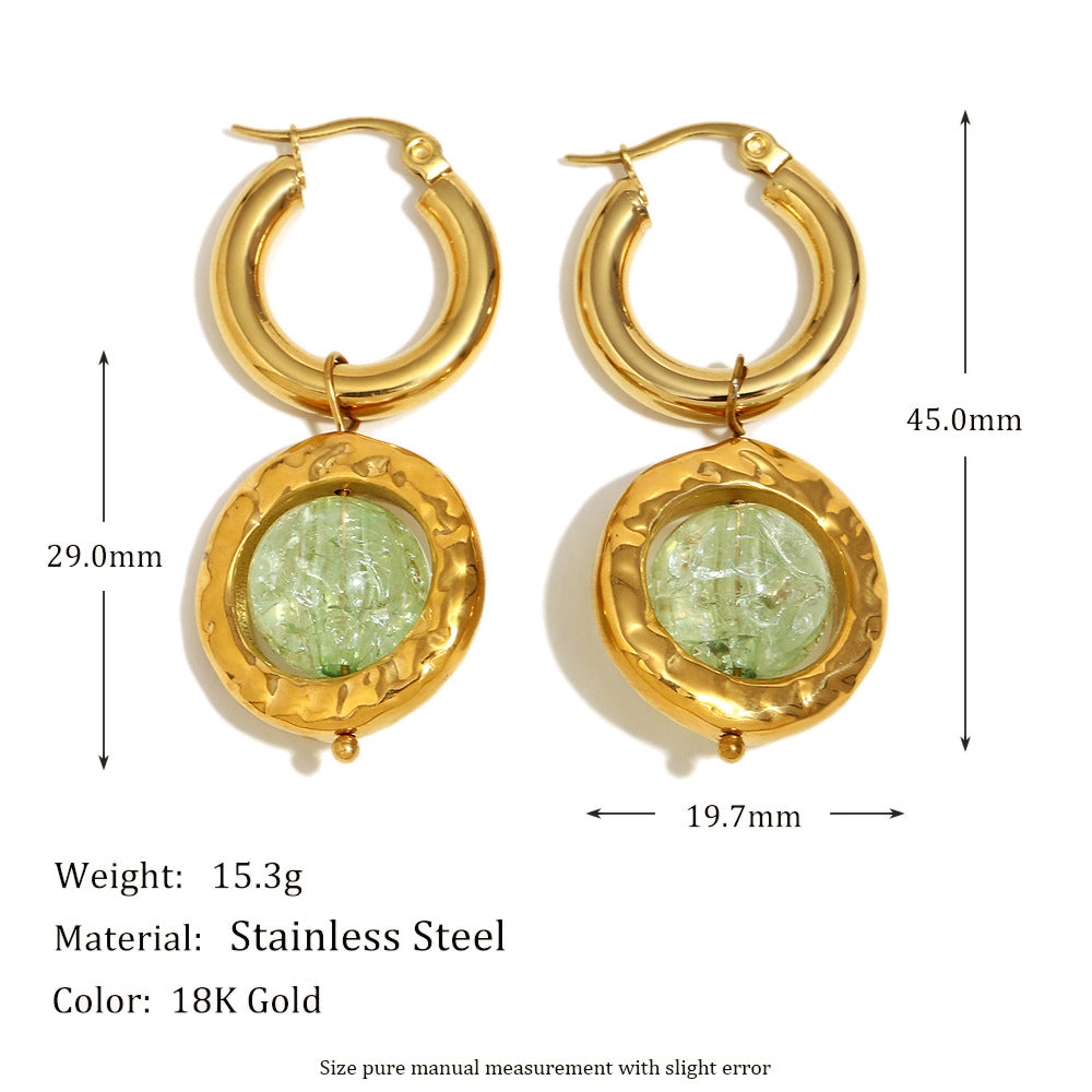 Orecchini alla Moda in Acciaio Inossidabile con Motivo Geometrico, Placcatura in Oro 18K e Ciondolo in Vetro Artigianale da Donna